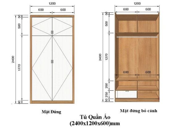 Kích thước tủ quần áo tiêu chuẩn