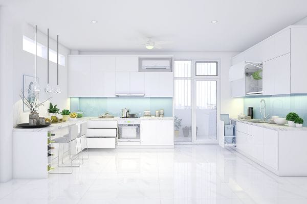 Tủ bếp chữ L Acrylic màu trắng tôn lên vẻ đẹp hiện đại của căn bếp 