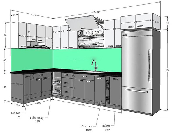 kích thước tủ bếp treo tường