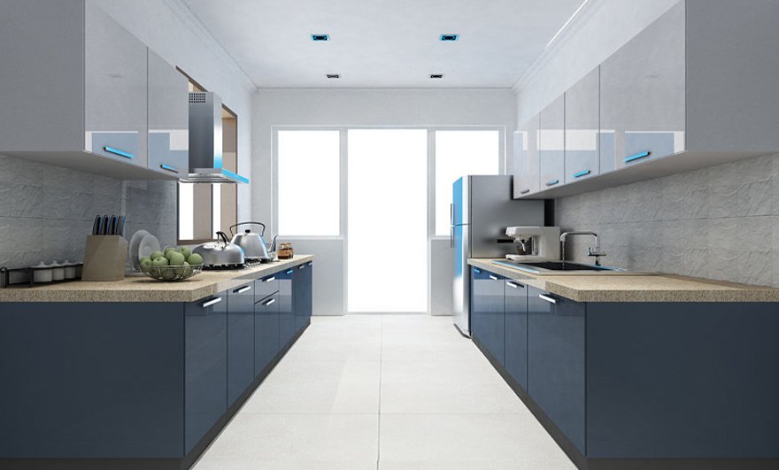 Tủ bếp song song màu xanh navy